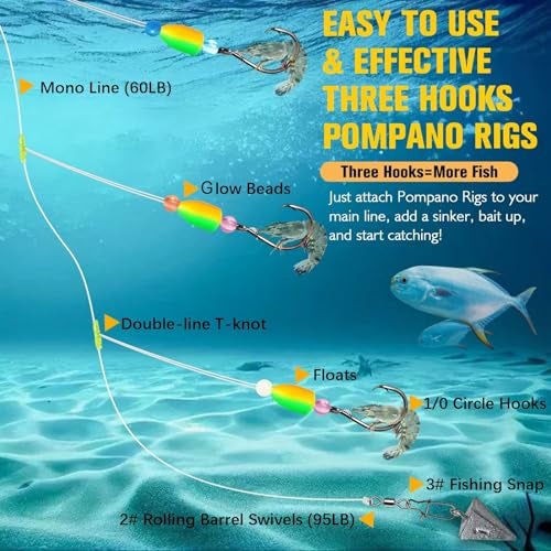 Dovesun Pompano Rigs for Surf Fishing Unique T-Knot Strong Pre-Rigged Surf Fishing Rigs with Three Circle Hooks Saltwater Pompano Floats 10PCS - Image 3