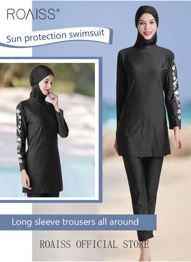 roaiss - 3 Piece Women Conservative Colorblock Swimsuit Set Muslim Sun Protection Swimwear Swimming Trousers Cap Ladies Loose Beachwear Dress Arab Clothing - Image 1