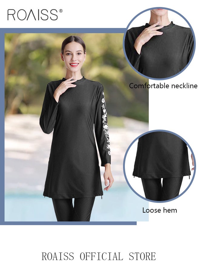 roaiss - 3 Piece Women Conservative Colorblock Swimsuit Set Muslim Sun Protection Swimwear Swimming Trousers Cap Ladies Loose Beachwear Dress Arab Clothing - Image 1