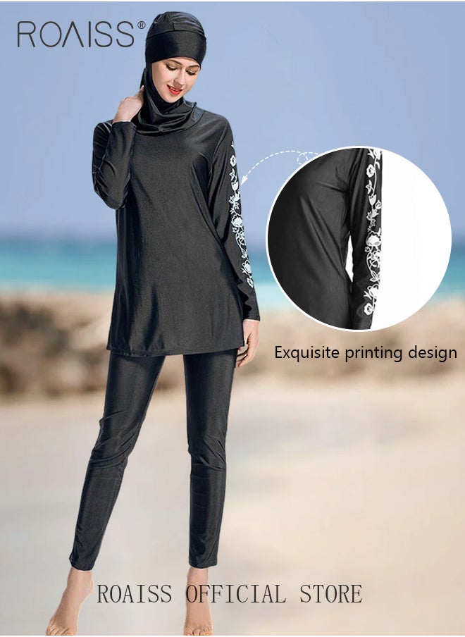 roaiss - 3 Piece Women Conservative Colorblock Swimsuit Set Muslim Sun Protection Swimwear Swimming Trousers Cap Ladies Loose Beachwear Dress Arab Clothing - Image 1