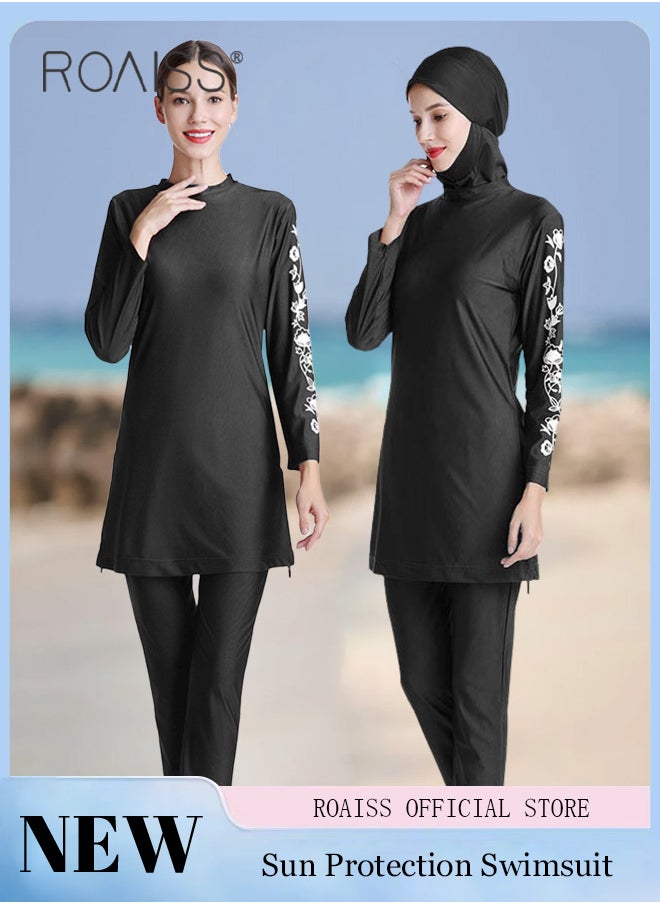 roaiss - 3 Piece Women Conservative Colorblock Swimsuit Set Muslim Sun Protection Swimwear Swimming Trousers Cap Ladies Loose Beachwear Dress Arab Clothing - Image 1
