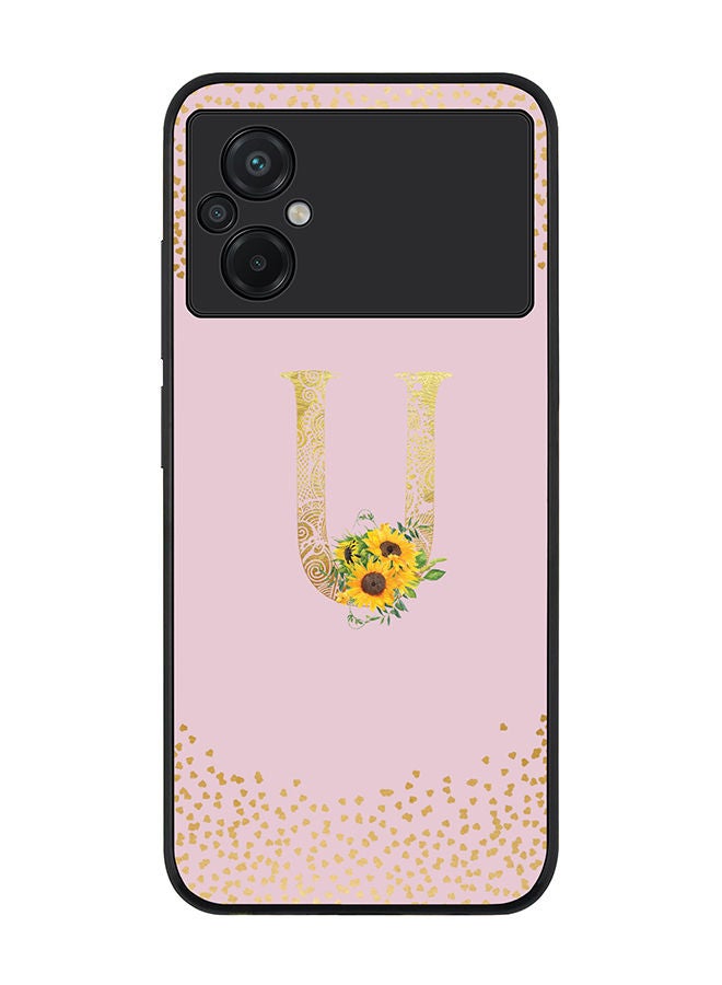 Rugged Black edge case for Xiaomi Poco M5 Slim fit Soft Case Flexible Rubber Edges Anti Drop TPU Gel Thin Cover - Custom Monogram Initial Letter Floral Pattern Alphabet - U (Pink )