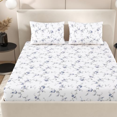 Plumora Double Bed Cotton Bedsheet Queen Size 90x100, 100% Pure Cotton Bed Sheet with 2 Pillow Covers, 240 TC Soft Breathable Floral Design – (Floral Blue) - Image 5