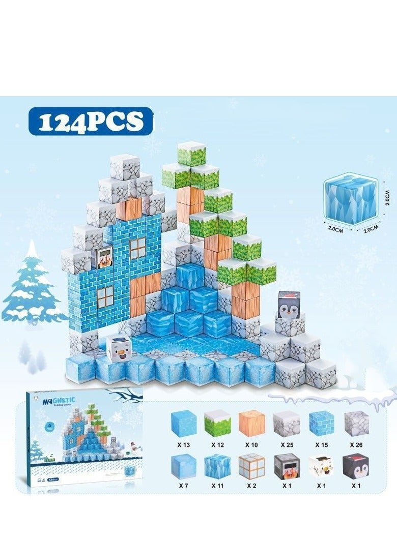XICEN Magnetic Building Blocks 124pcs Magnet Blocks for Kids, STEM Sensory Toys Stacking Cubes, Montessori Educational Construction Set for Ages 3+, Ice Snow World Theme - Image 3