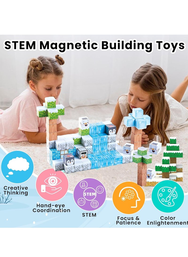 XICEN Magnetic Building Blocks 124pcs Magnet Blocks for Kids, STEM Sensory Toys Stacking Cubes, Montessori Educational Construction Set for Ages 3+, Ice Snow World Theme - Image 5