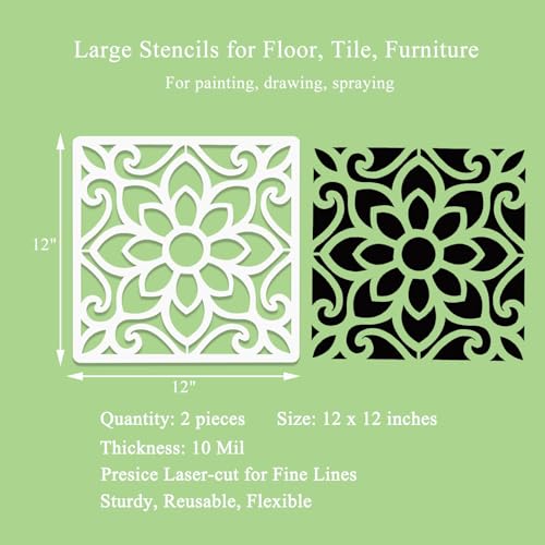 JIUMEI 2pcs 12 x 12 Inches Large Stencils for Painting Floors, Walls, Patio, Tiles, Wood, Reusable Large Mandala Stencil for Concrete Floor - Image 2