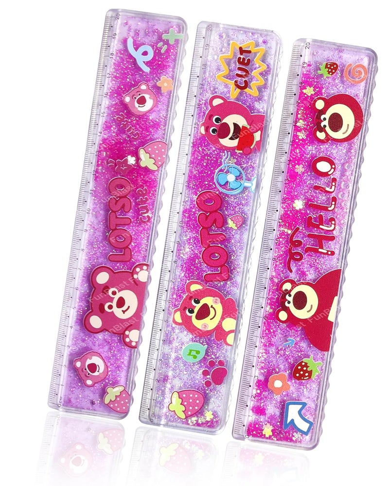 FunBlast مسطرة مقياس للأطفال - مسطرة بتصميم دب 20 سم للأطفال، مجموعة مساطر لامعة للطلاب، هدايا مكتبية للبنات، هدايا عودة - 3 قطع - Image 1