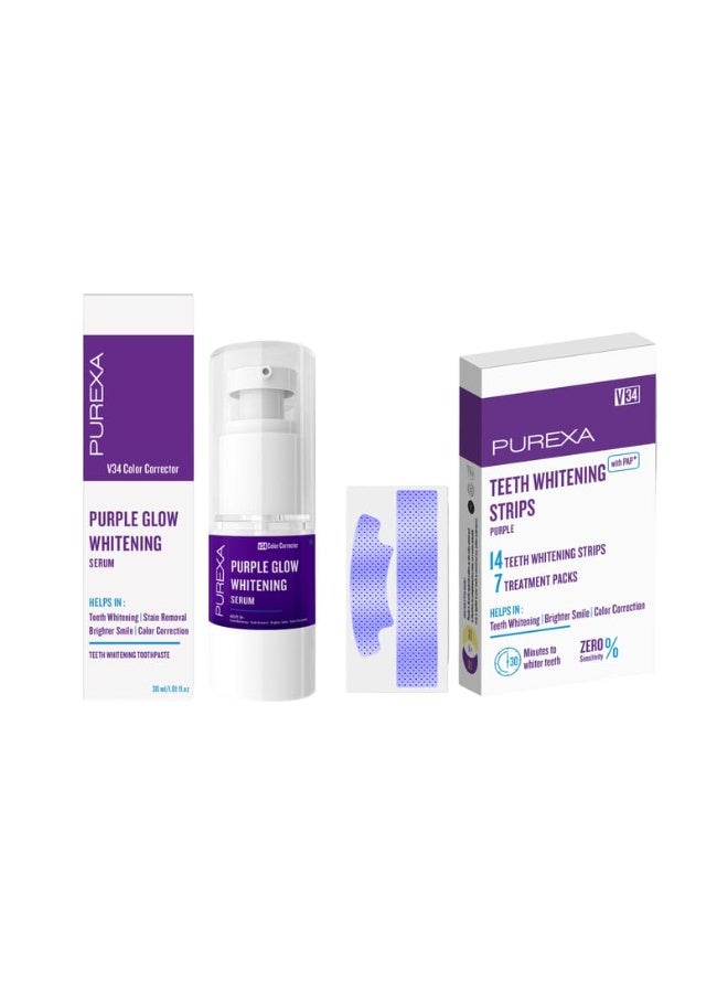 PUREXA V34 Whitening Combo | Teeth Whitening Strips with Purple Serum Toothpaste 30 ml | Enamel-Safe Colour Corrector Oral Care Kit - Image 1