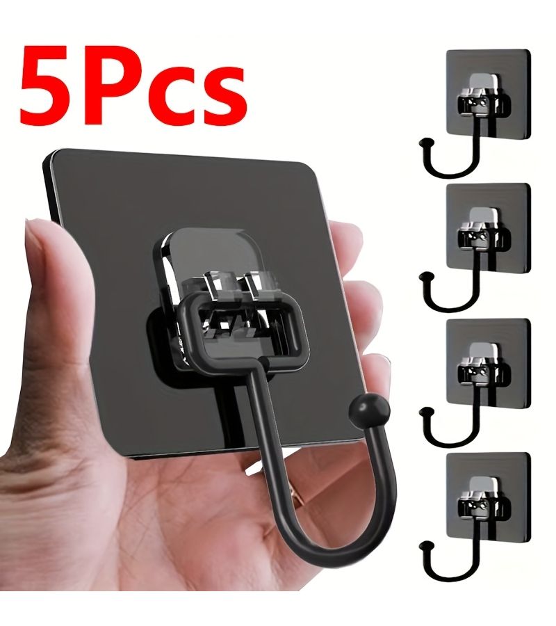 Black Self Adhesive Rotating Hooks 5 Pack Waterproof Sticker Holder for Wall Door Kitchen Bathroom Storage - Image 1