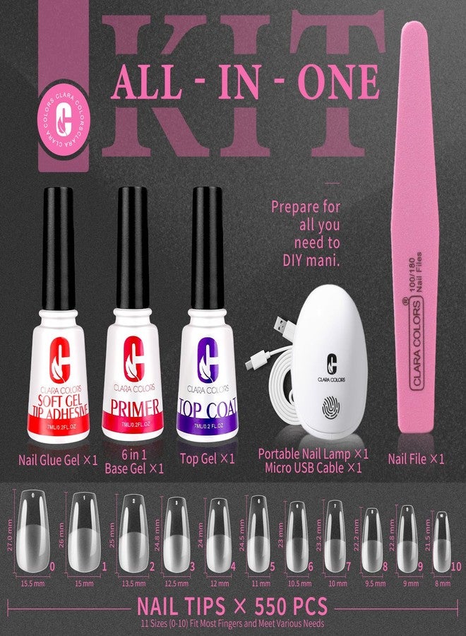 Clara Colors Nail Tips and Glue Gel Kit - 550Pcs Soft Tips Half Matte Medium Coffin Shape - Image 2