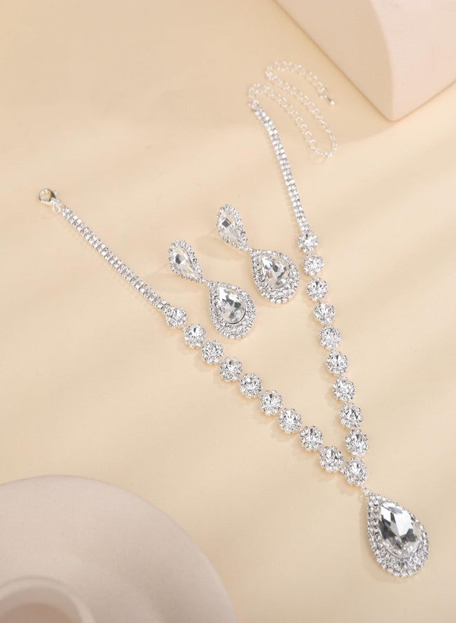 BERYUAN Bridal Crystal Rhinestone Necklace Earring Set Teardrop Pendant Necklace Earrings Set Bohemian Crystal Rhinestone Dangle Necklace Earrings Set for Wedding for Brides Bridesmaid (silver) - Image 5
