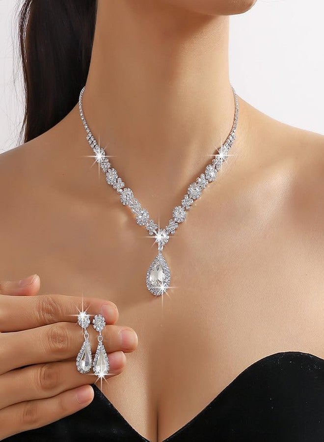 BERYUAN Bridal Crystal Rhinestone Necklace Earring Set Teardrop Pendant Necklace Earrings Set Bohemian Crystal Rhinestone Dangle Necklace Earrings Set for Wedding for Brides Bridesmaid (silver) - Image 3