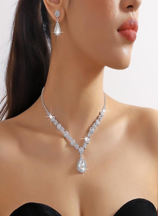 BERYUAN Bridal Crystal Rhinestone Necklace Earring Set Teardrop Pendant Necklace Earrings Set Bohemian Crystal Rhinestone Dangle Necklace Earrings Set for Wedding for Brides Bridesmaid (silver) - Image 2