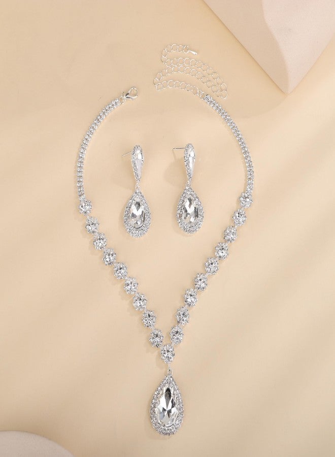 BERYUAN Bridal Crystal Rhinestone Necklace Earring Set Teardrop Pendant Necklace Earrings Set Bohemian Crystal Rhinestone Dangle Necklace Earrings Set for Wedding for Brides Bridesmaid (silver) - Image 4