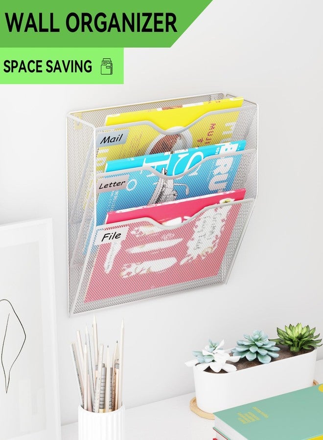 GDINDINFAN 3 Pockets Hanging Wall File Organizer Mail Holder, Wall Mounted Paper Document Folder Holder, Clipboard Storage Organization Magazine Rack, Silver - Image 2