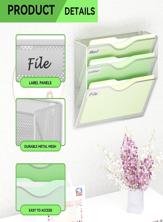 GDINDINFAN 3 Pockets Hanging Wall File Organizer Mail Holder, Wall Mounted Paper Document Folder Holder, Clipboard Storage Organization Magazine Rack, Silver - Image 4