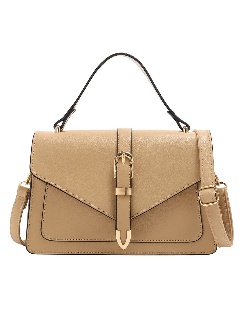 حقيبة كتف كلاسيكية من جلد PU باللون الكاكي – تصميم أنيق بمشبك وقفل، 23 سم - Image 1