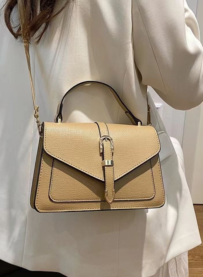 حقيبة كتف كلاسيكية من جلد PU باللون الكاكي – تصميم أنيق بمشبك وقفل، 23 سم - Image 2
