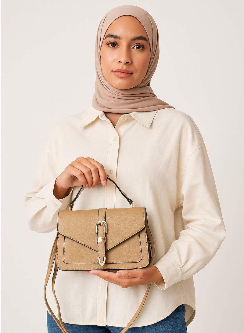 حقيبة كتف كلاسيكية من جلد PU باللون الكاكي – تصميم أنيق بمشبك وقفل، 23 سم - Image 5