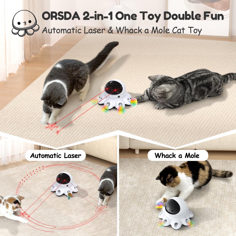 ORSDA Cat Laser Toy, 2-in-1 Interactive Automatic Motion Activated Moving 8 Holes Whack A Mole Feather, USB Rechargeable Electronic Smart Sensor Kitten Toys for Indoor Exercise - Image 2