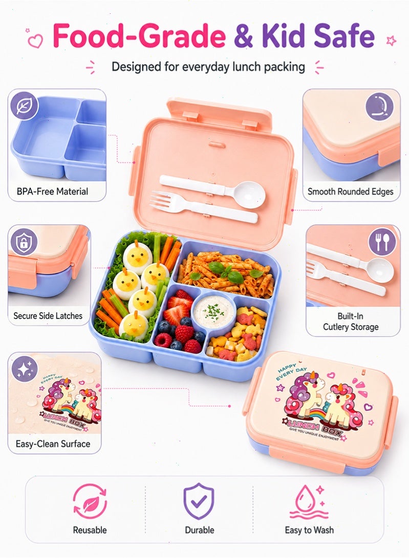 Topyich Kids 5 Compartment Bento Lunch Box, BPA-Free Leak Resistant Food Container with Fork & Spoon, Portable Meal Box for School - Image 4