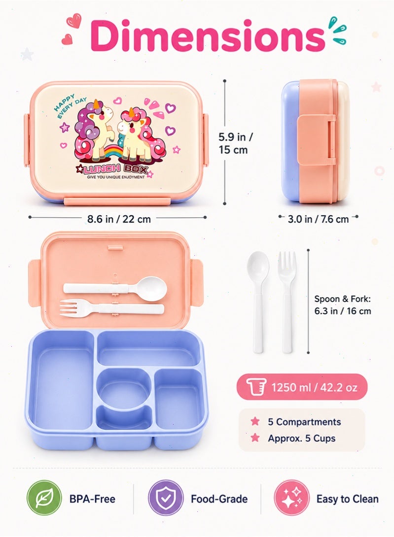 Topyich Kids 5 Compartment Bento Lunch Box, BPA-Free Leak Resistant Food Container with Fork & Spoon, Portable Meal Box for School - Image 2