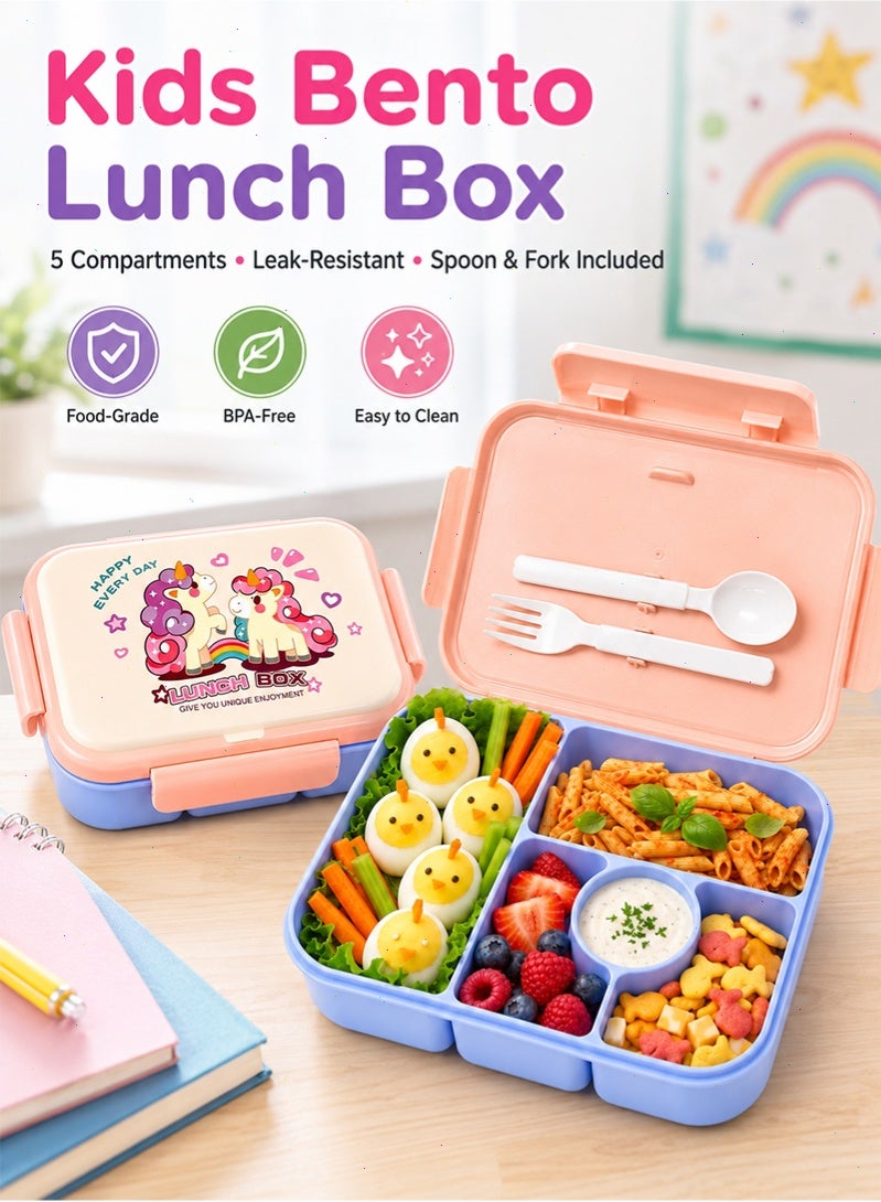 Topyich Kids 5 Compartment Bento Lunch Box, BPA-Free Leak Resistant Food Container with Fork & Spoon, Portable Meal Box for School - Image 1