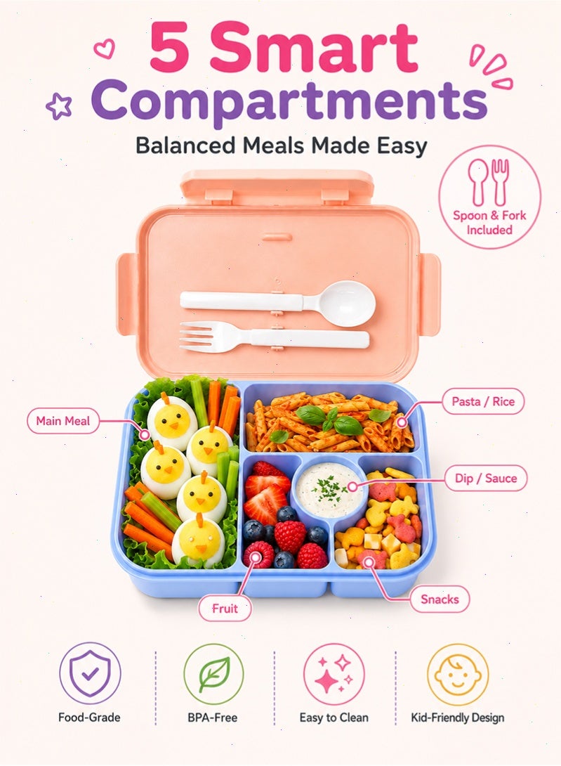 Topyich Kids 5 Compartment Bento Lunch Box, BPA-Free Leak Resistant Food Container with Fork & Spoon, Portable Meal Box for School - Image 3