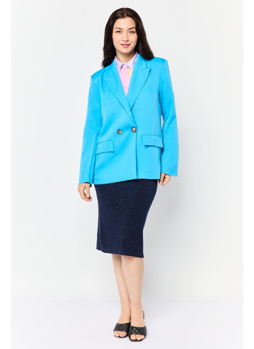 Naanaa - Women Petite Plain Semi Formal  Blazer, Blue - Image 1