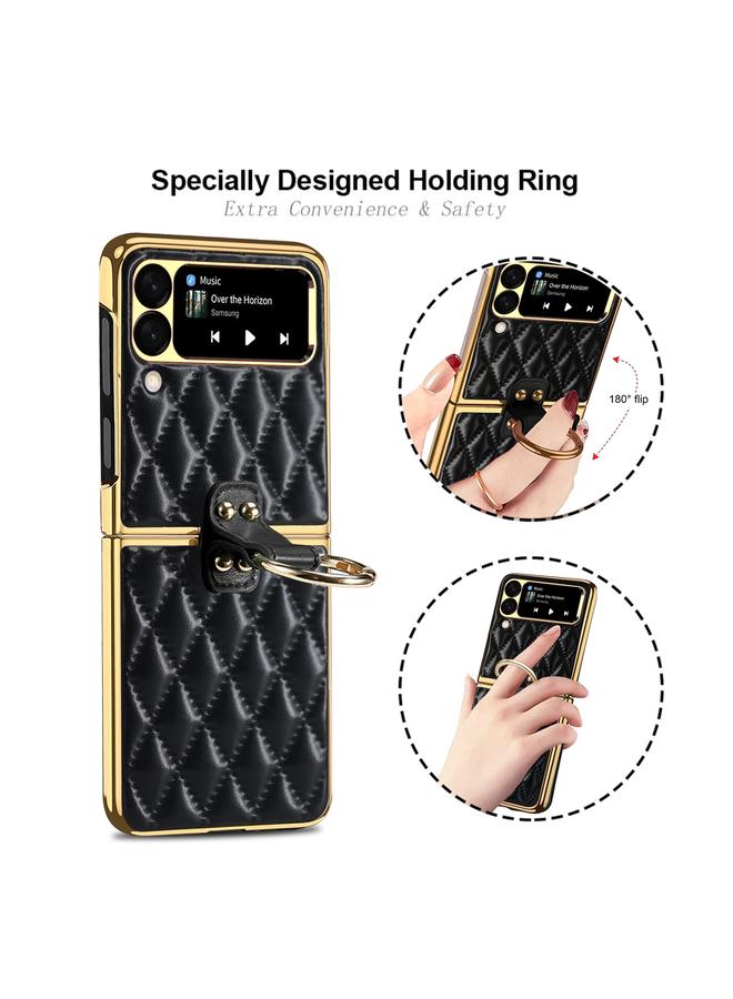 اس-توب جراب لهاتف Samsung Galaxy Z Flip4 مصنوع من الجلد الطبيعي بتصميم شبكي ماسي مع حلقة - Image 4