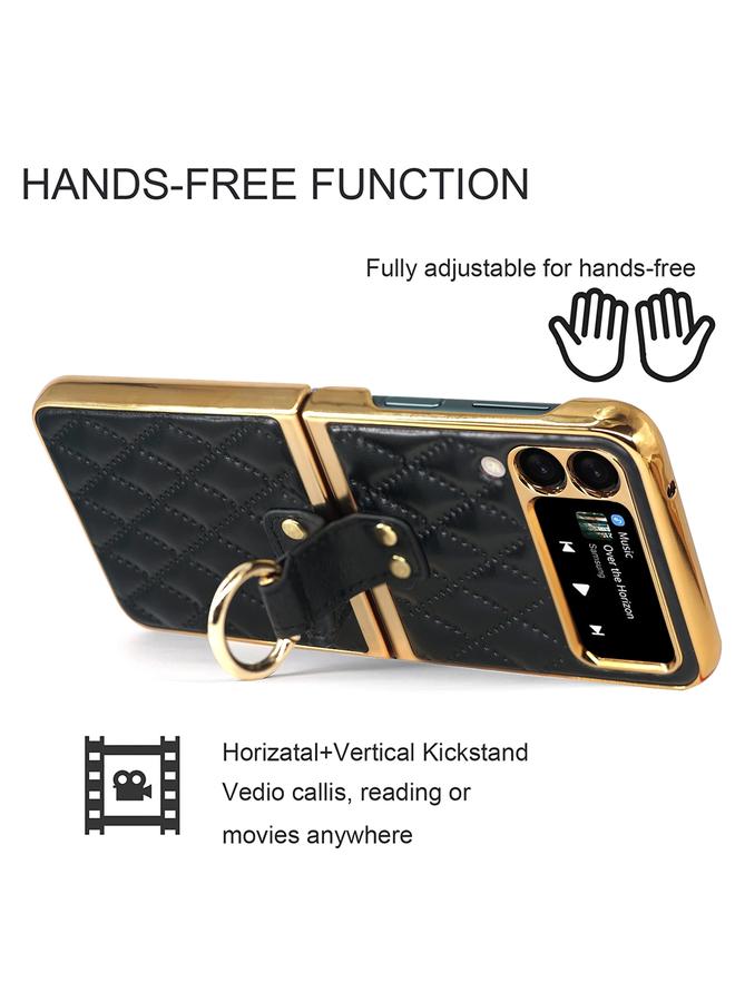 اس-توب جراب لهاتف Samsung Galaxy Z Flip4 مصنوع من الجلد الطبيعي بتصميم شبكي ماسي مع حلقة - Image 5