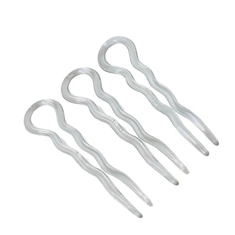 Parcelona French Sleek Clear Large 3 12 Celluloid Made in France Set of 3 Wavy Crink U Shaped Chignon Hair Pins Updo Bun Pin Sticks for Women and Girls