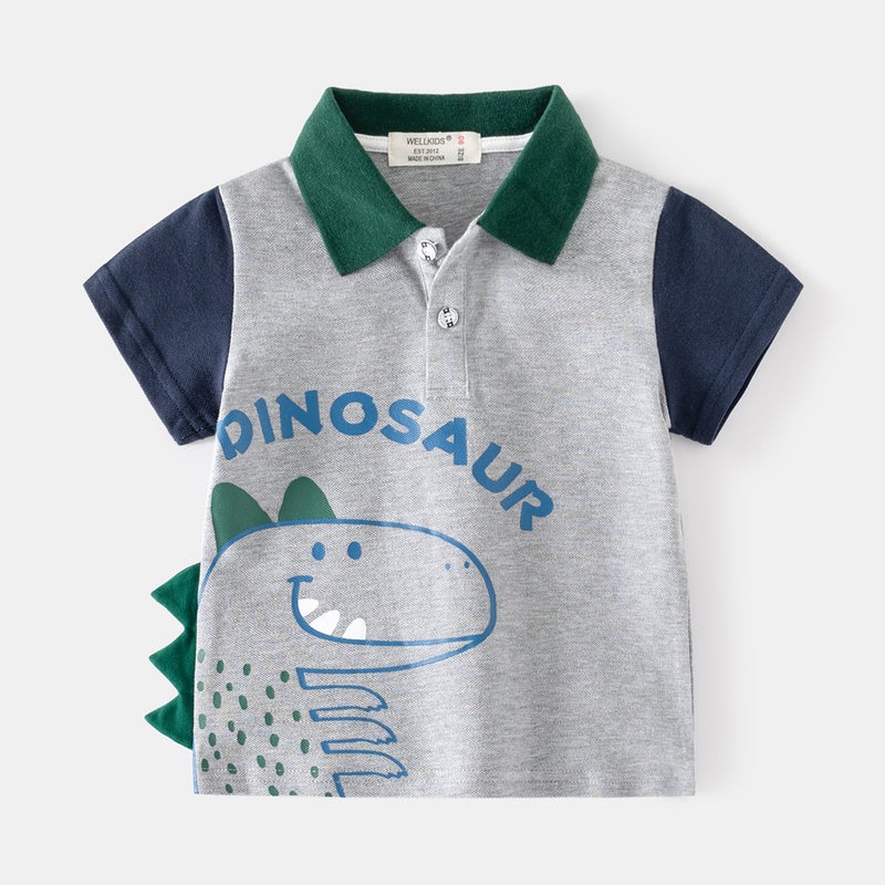 Cartoon Dinosaur Print Lapel Short-Sleeved Boys Polo Shirt Gray Breathable Fashion Polo Shirt - Image 1