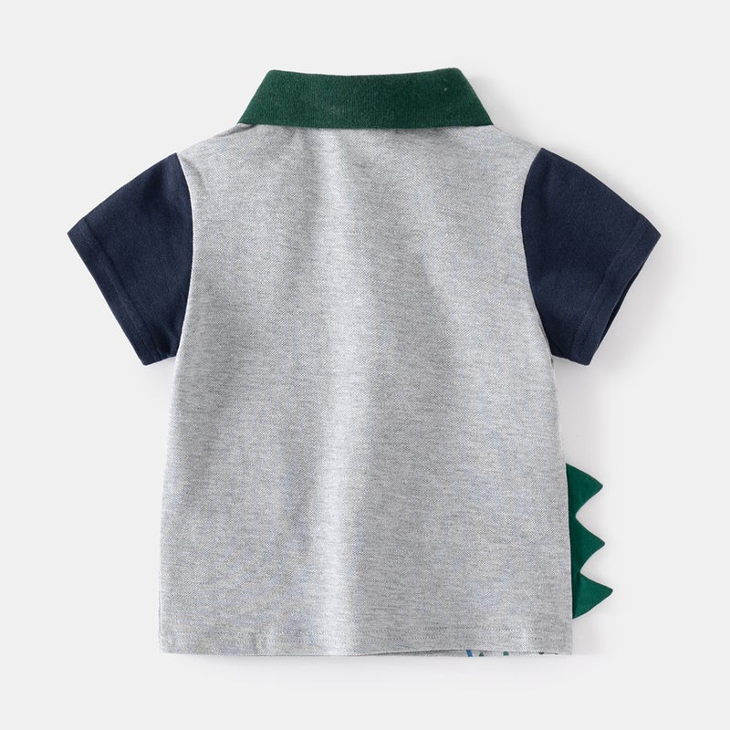 Cartoon Dinosaur Print Lapel Short-Sleeved Boys Polo Shirt Gray Breathable Fashion Polo Shirt - Image 3