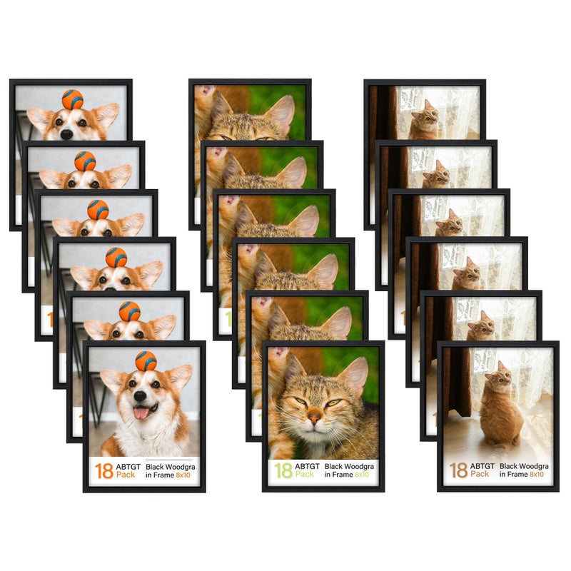 Abtgt 8x10 Picture Frame Set of 18, Gallery Wall Frame Set, 8x10 Frame Bulk Set 18 Pack for Wall Mounting or Tabletop Display, Black Woodgrain - Image 1