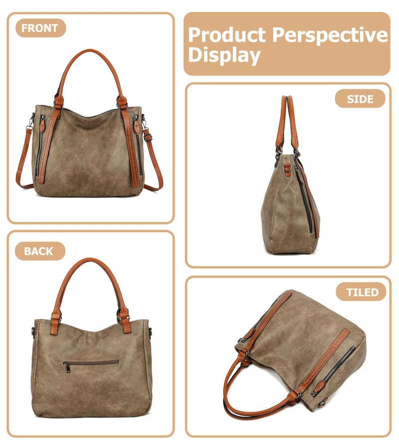 My Friday myfriday Vintage Slouchy Tote Bag for Women, Large Vegan Leather Hobo Shoulder Bag Satchel Purse with Adjustable Strap (Khaki) - Image 5