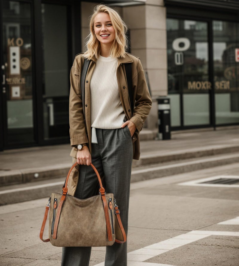 My Friday myfriday Vintage Slouchy Tote Bag for Women, Large Vegan Leather Hobo Shoulder Bag Satchel Purse with Adjustable Strap (Khaki) - Image 2