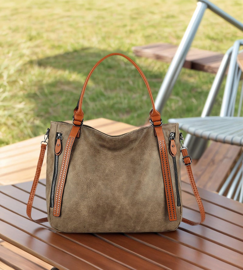My Friday myfriday Vintage Slouchy Tote Bag for Women, Large Vegan Leather Hobo Shoulder Bag Satchel Purse with Adjustable Strap (Khaki) - Image 3