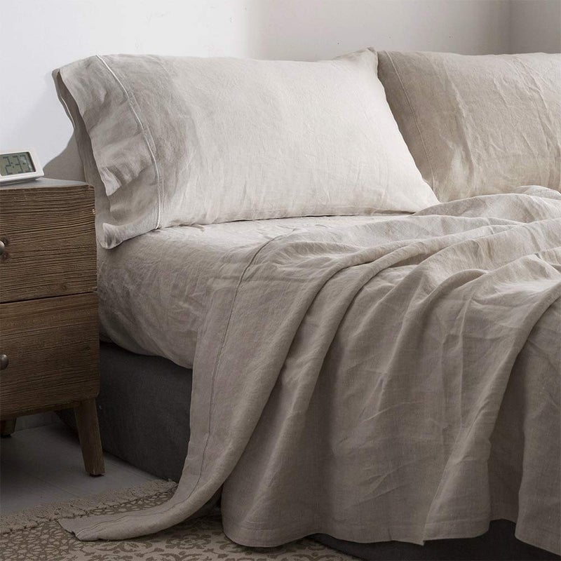 SimpleOpulence 100 Pure Linen Sheet Set Full Size Natural French Flax Solid Color 4 Pcs Washed Breathable Farmhouse Bedding 1 Flat Sheet1 Fitted Sheet2 PillowcasesEmbroidery Linen