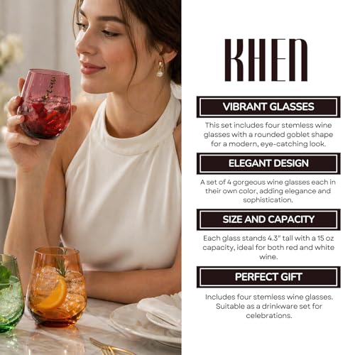 Khen Tritan BPA-Free Plastic Shatterproof Stemless Wine Glasses, - 4 Set - Acrylic Glass Drinkware, Unbreakable Colored, Reusable, Dishwasher Safe, All Purpose Glassware 15oz - Tumblers, Indoor and Outdoor - Image 5