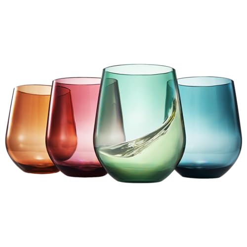 Khen Tritan BPA-Free Plastic Shatterproof Stemless Wine Glasses, - 4 Set - Acrylic Glass Drinkware, Unbreakable Colored, Reusable, Dishwasher Safe, All Purpose Glassware 15oz - Tumblers, Indoor and Outdoor - Image 1