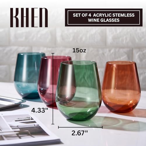 Khen Tritan BPA-Free Plastic Shatterproof Stemless Wine Glasses, - 4 Set - Acrylic Glass Drinkware, Unbreakable Colored, Reusable, Dishwasher Safe, All Purpose Glassware 15oz - Tumblers, Indoor and Outdoor - Image 2