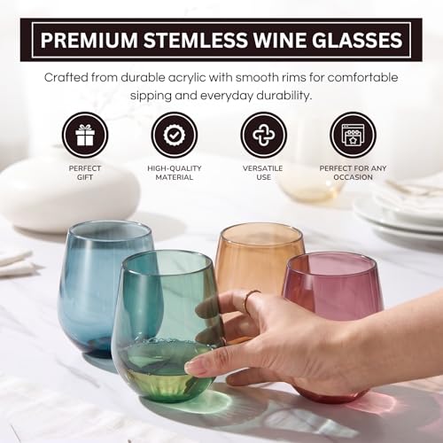 Khen Tritan BPA-Free Plastic Shatterproof Stemless Wine Glasses, - 4 Set - Acrylic Glass Drinkware, Unbreakable Colored, Reusable, Dishwasher Safe, All Purpose Glassware 15oz - Tumblers, Indoor and Outdoor - Image 4