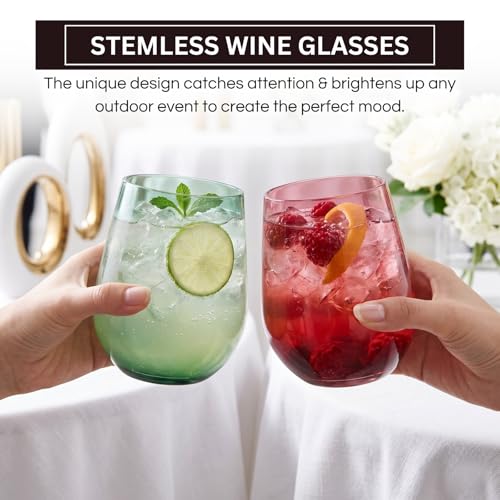 Khen Tritan BPA-Free Plastic Shatterproof Stemless Wine Glasses, - 4 Set - Acrylic Glass Drinkware, Unbreakable Colored, Reusable, Dishwasher Safe, All Purpose Glassware 15oz - Tumblers, Indoor and Outdoor - Image 3