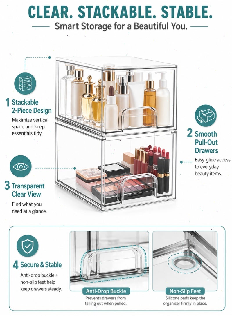 Topyich 2-Pack Clear Stackable Acrylic Storage Drawers, 4.4'' Tall Makeup Organizer, Plastic Bins for Home Organization - Image 3