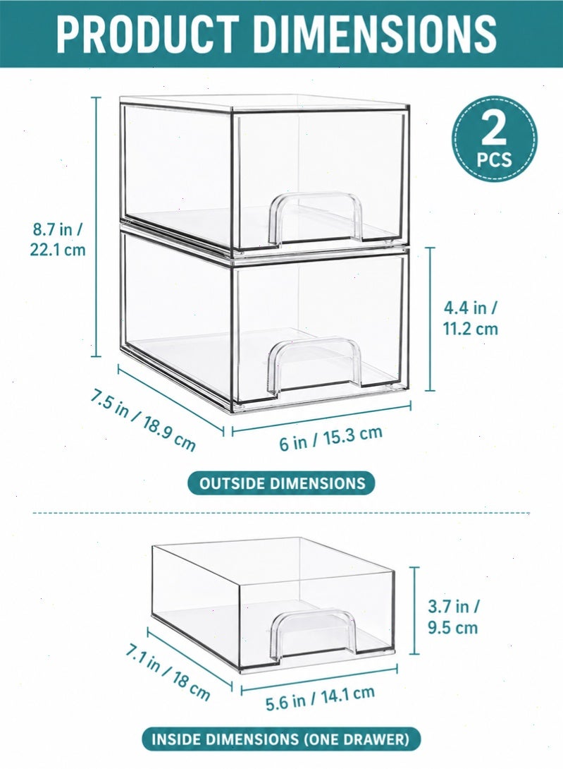 Topyich 2-Pack Clear Stackable Acrylic Storage Drawers, 4.4'' Tall Makeup Organizer, Plastic Bins for Home Organization - Image 2