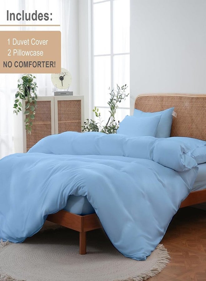 ARLinen طقم غطاء لحاف مقاس كينج من ARlinen، مصنوع من القطن المصري بنسبة 100%، طقم مفروشات مكون من 3 قطع مع إغلاق بسحاب، يتضمن غطاء لحاف أزرق فاتح واحد (104 × 92 بوصة) و2 غطاء وسادة (20 × 40 بوصة). - Image 2