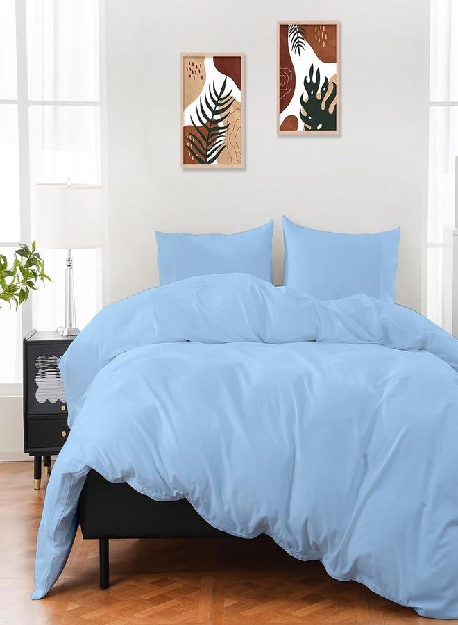 ARLinen طقم غطاء لحاف مقاس كينج من ARlinen، مصنوع من القطن المصري بنسبة 100%، طقم مفروشات مكون من 3 قطع مع إغلاق بسحاب، يتضمن غطاء لحاف أزرق فاتح واحد (104 × 92 بوصة) و2 غطاء وسادة (20 × 40 بوصة). - Image 1