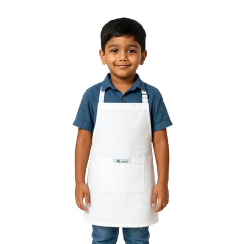 MAKSTILE Kids Apron With Adjustable Neck Strap |Apron for Kids for Cooking, Baking, Painting & School Activities | Chef Apron for Girls & Boys | 3 to 6 years | Size-50 x 37 cms (White) - Image 1