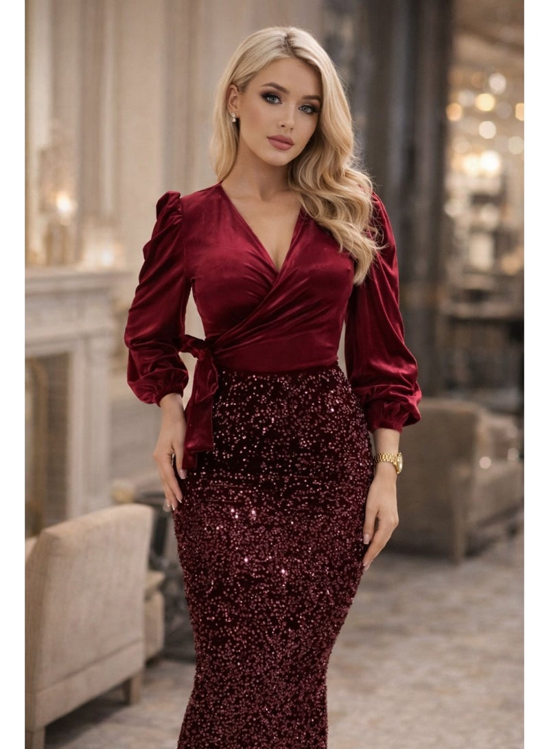 Luxurious Burgundy Velvet Two-Piece Winter Set: Royal Elegance and a Pashaut Touch 2026 Code 806 - Image 2